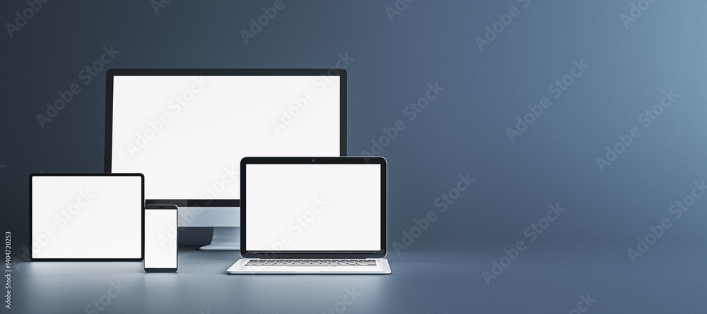 Aufkleber blank digital device mockup with monitor, laptop, tablet, and smartphone on clean surface with empty
