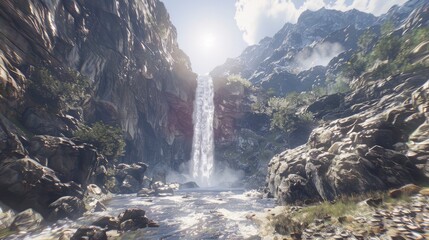 Majestic waterfall cascading down rocky cliffs under a bright sun with mist and greenery surrounding it
