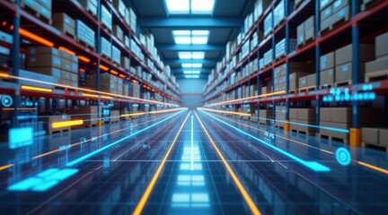 Inventory management order tracking concept. Futuristic warehouse interior with digital elements, showcasing rows of shelves filled with boxes and illuminated pathways.