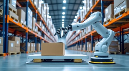 Inventory management order tracking concept. Automated robotic arm handling boxes in a modern warehouse setting, showcasing advanced technology in logistics and supply chain.