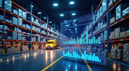Inventory management order tracking concept. A modern warehouse with shelves full of boxes, featuring a digital interface displaying data analytics and a delivery truck in the background.