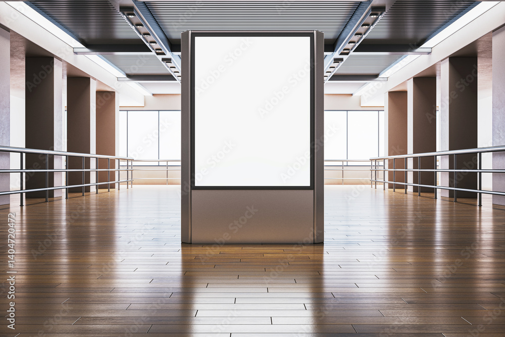 Poster blank vertical billboard mockup in modern office hallway with wooden flooring and large windows for 