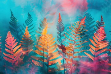Vibrant Ferns in a Mystical Forest with Colorful Hues and Soft Background Lighting