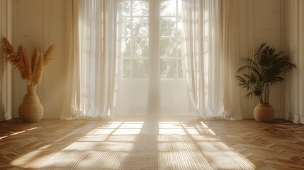 Bright, airy interior with large windows, soft curtains, and potted plants creating a serene atmosphere