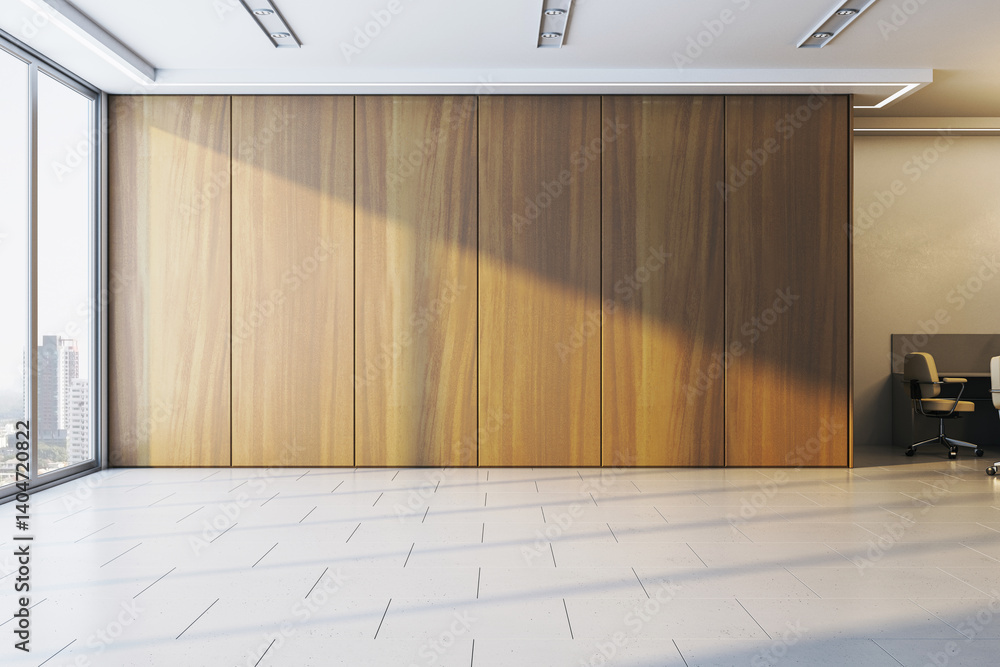 Poster blank wooden wall in modern office interior with sunlight casting shadows on white tiled floor in br