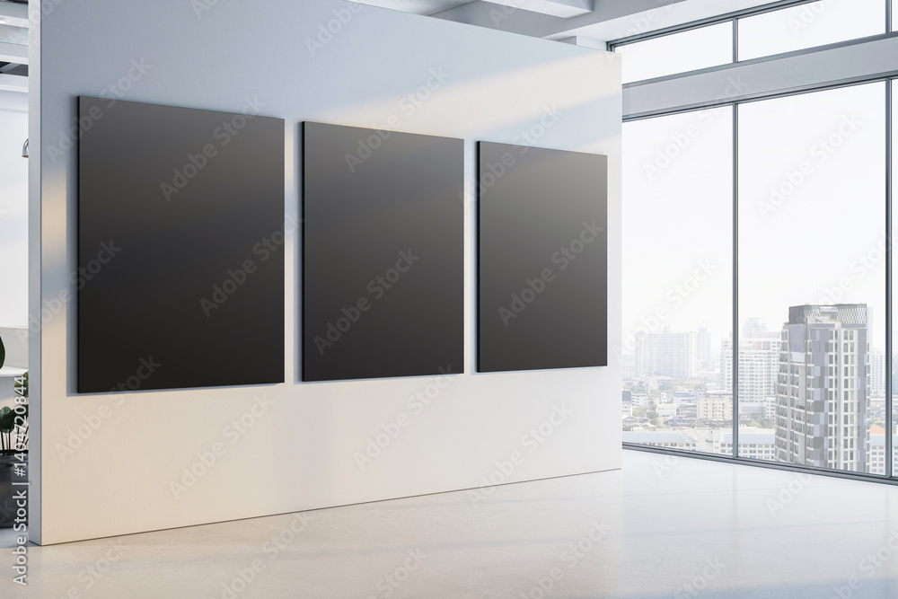 Poster three vertical black mockup posters on a white wall in a modern empty office with city view and larg