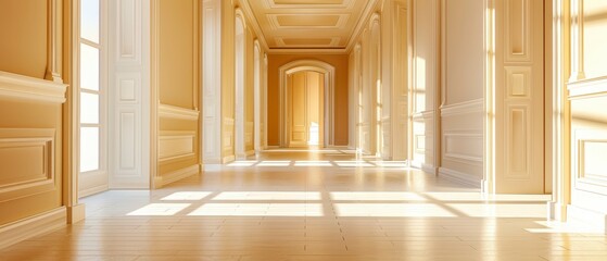 Bright and spacious hallway with elegant architecture, warm lighting, and wooden flooring