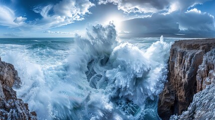 Dramatic ocean waves crashing against rugged cliffs under a cloudy sky, evoking nature's power and beauty