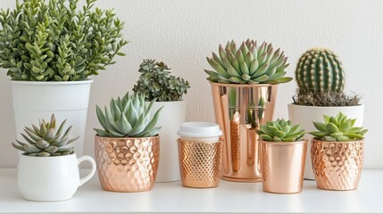 Obraz premium Stylish workspace with laptop, coffee cup, and succulents on white minimalistic desk