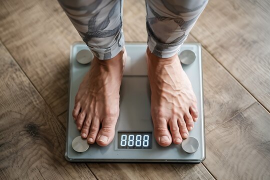 Digital bathroom scale with person standing on it, reset display, wooden floor view representing weight, health, fitness, and routine

