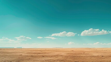 Vast desert landscape under a clear blue sky with scattered clouds and distant mountains