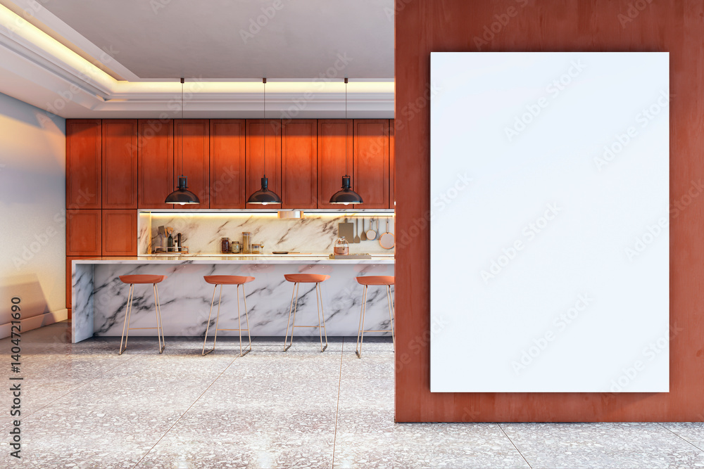 Poster modern kitchen interior with marble island and blank vertical canvas poster on wooden wall for mocku
