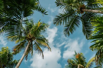 Tall tropical palm trees under clear blue sky with scattered clouds viewed from below in serene sunny landscape

