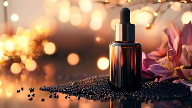 A sleek, amber glass dropper bottle elegantly displayed on a bed of black seeds, surrounded by soft pink flowers and warm bokeh lights in the background, evoking a sense of luxury, beauty, and natural