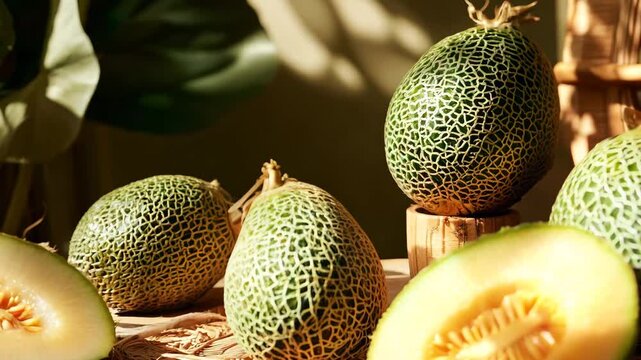 A rustic arrangement of whole and halved cantaloupes displayed on a woven mat with warm, natural sunlight casting soft shadows, emphasizing their textured rinds and juicy interiors.