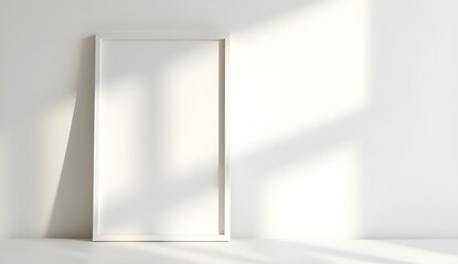 Empty white frame on bright wall with soft shadows