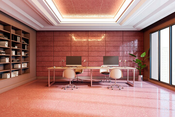 Modern pink office interior with dual workstations, bookshelves, and large windows in a bright business environment. 3D Rendering