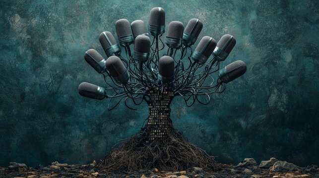 Surreal tree made of microphones and wires with binary code trunk symbolizing spread of fake media and digital misinformation