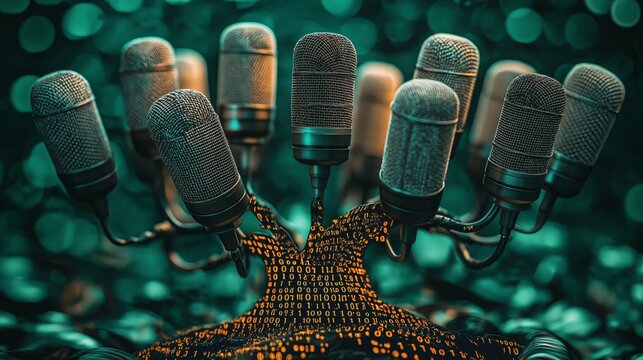 Close-up view of microphones branching from a binary code tree trunk, symbolizing digital misinformation and fake media influence