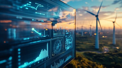 Futuristic digital screen showing analytical data and energy charts with wind turbines in a green field at sunset in the background