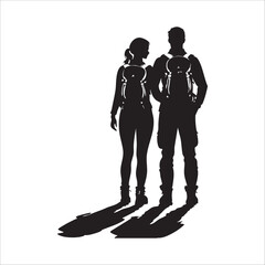 Couple Outdoors Vector Silhouette, Group of Hiking man Silhouettes. hiker with backpack and rucksacks silhouette.