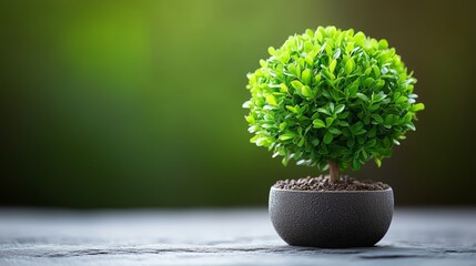 Vibrant green bonsai tree in minimalist round pot on gray surface with soft green background symbolizing sustainability and eco growth