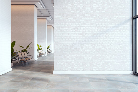 Fototapeta Empty white brick wall in modern office hallway with natural light, perfect for signage mockup, branding display, or poster presentation. 3D Rendering