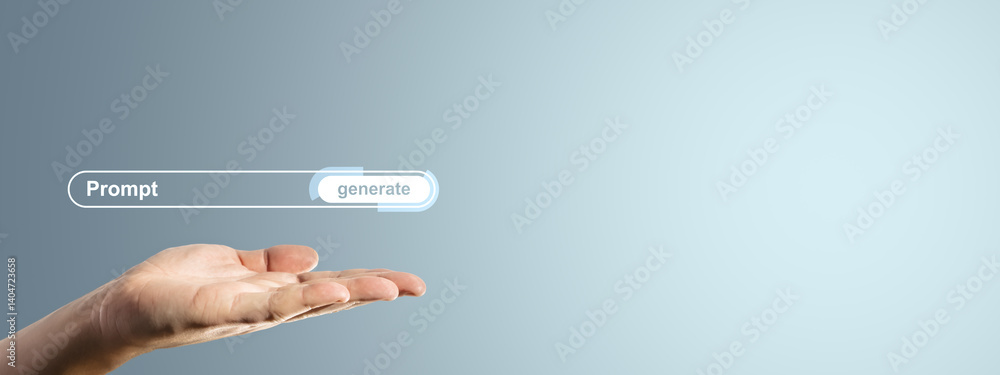 Aufkleber Hand holding digital interface with prompt and generate buttons on soft gradient background, representing business and technology innovation concept.