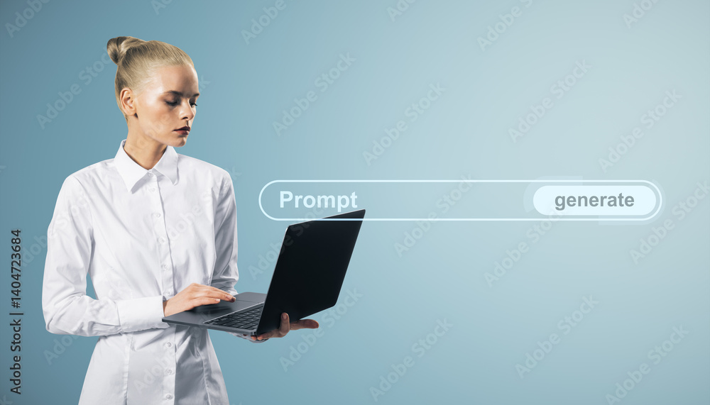 Aufkleber Woman using laptop with digital interface showing prompt and generate button on light blue background representing creative technology concept.