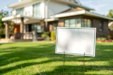 Blank white lawn sign with green border on suburban grass, modern house background, real estate or yard message concept

