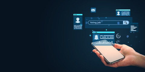 Person holding smartphone with digital hiring interface and candidate profiles on dark background, symbolizing online recruitment technology concept.