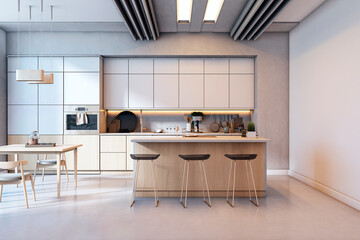 Modern bright kitchen interior with wooden cabinets, island counter, and dining area in stylish home space design with ceiling lighting accents. 3D Rendering