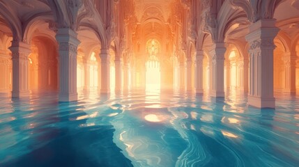 A beautiful architectural hall filled with water and glowing light