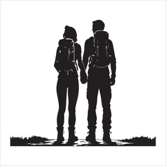 Couple Outdoors Vector Silhouette, Group of Hiking man Silhouettes. hiker with backpack and rucksacks silhouette.