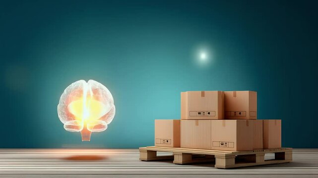 A brain, rendered, rests next to stacked cartons on a wooden pallet, against a teal background