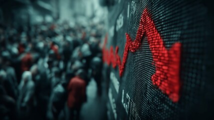 Stock Market Chart Displayed In Red On Digital Screen With Crowd Of People On Trading Floor, Indicating Financial Panic And Economic Unrest