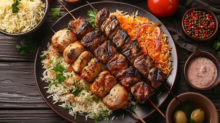 A wooden platter with two shish kebabs, one made of lamb and the other of chicken