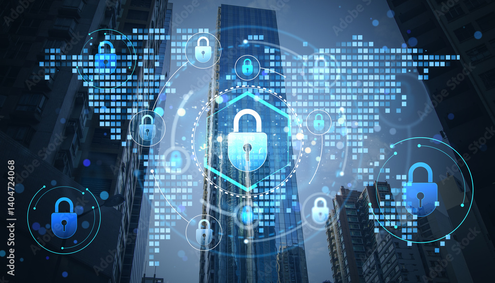 Poster cybersecurity digital padlock hologram over skyscraper with cityscape in background showing data pro