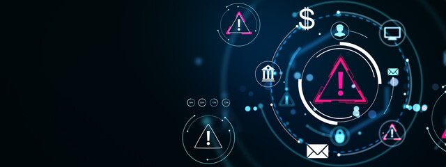 Digital warning alert icons with futuristic technology symbols on dark background representing...