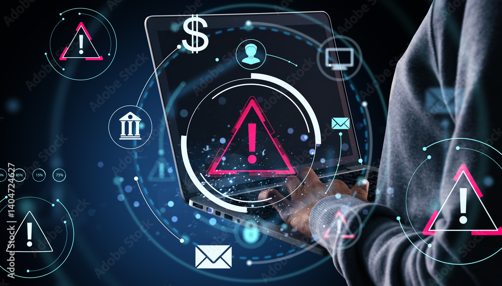 Poster cybersecurity warning symbols over person using laptop in digital interface, highlighting online fin