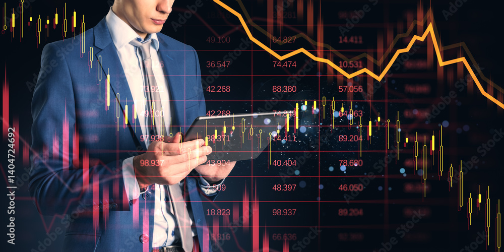 Poster Businessman analyzing financial data on digital tablet with stock market graphs and candlestick charts in technology-driven background concept.