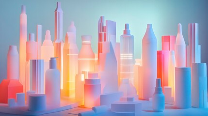Obraz premium Glowing city skyline crafted from bottles and containers.