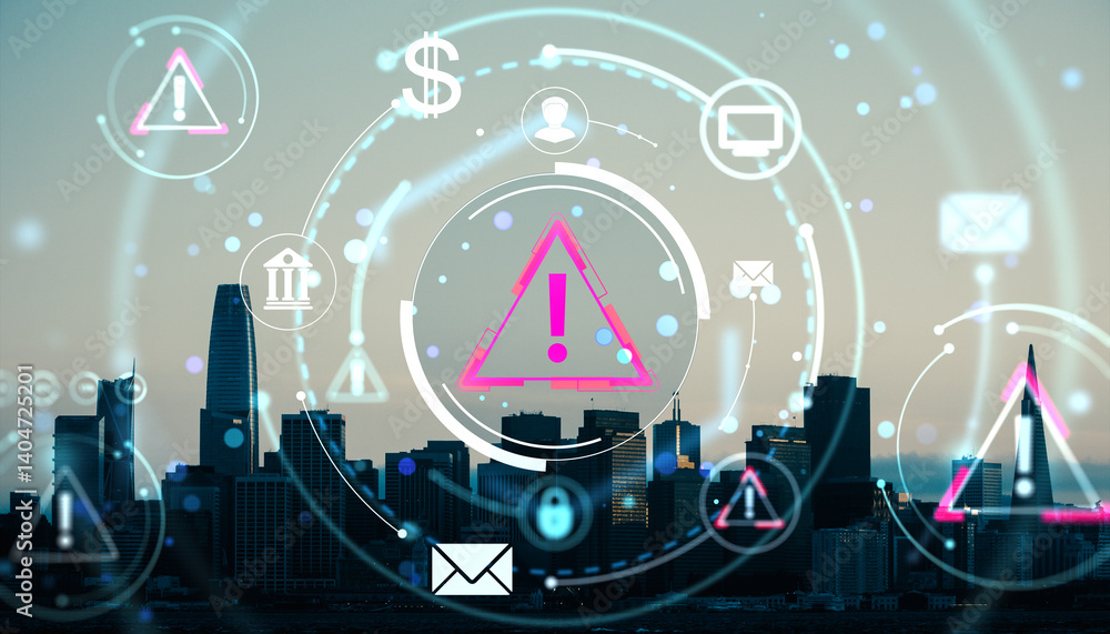 Poster cybersecurity alert symbols over modern city skyline with digital hologram effects and technology-th