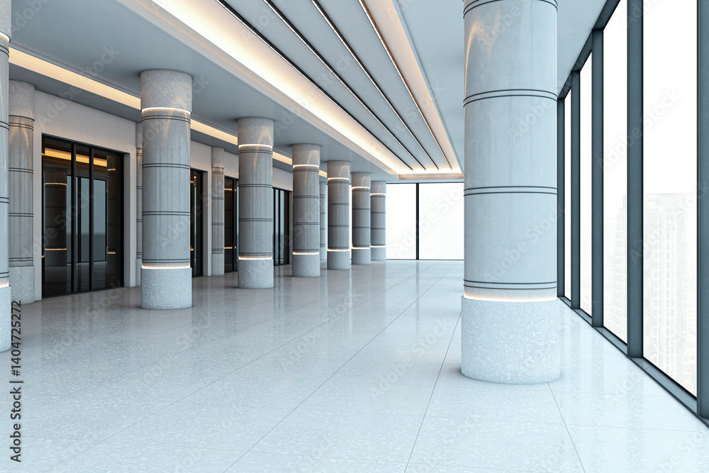 Leinwandbilder empty modern office corridor with grey columns, glossy floor, and large windows. 3d rendering