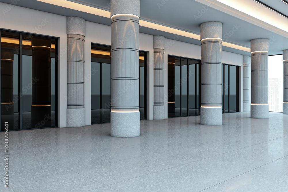 Aufkleber Empty modern office corridor with grey columns, glossy floor, and large windows. 3D Rendering