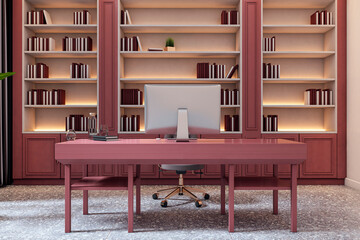 Modern executive office with pink desk, luxury decor, bookshelves, and minimalist setup in elegant...