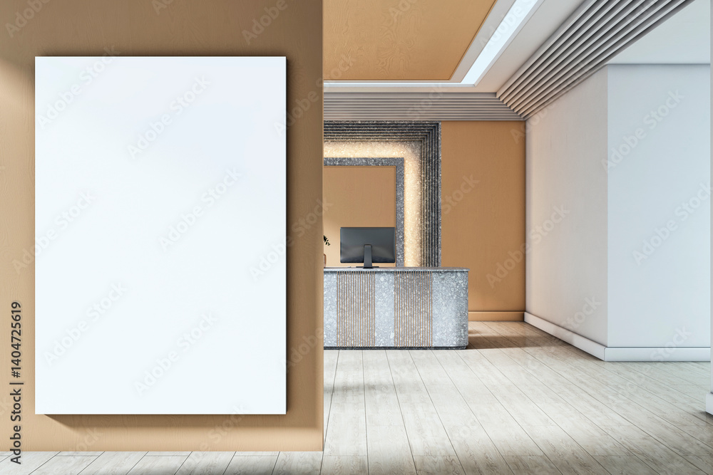 Aufkleber Modern office reception interior with vertical mockup canvas and stylish desk in contemporary workspace design setting with clean background. 3D Rendering