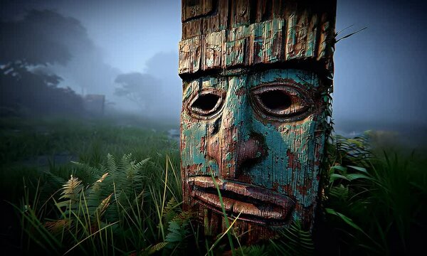 Distressed totem mask with faded blue paint, in tall green grass, fading into a misty background