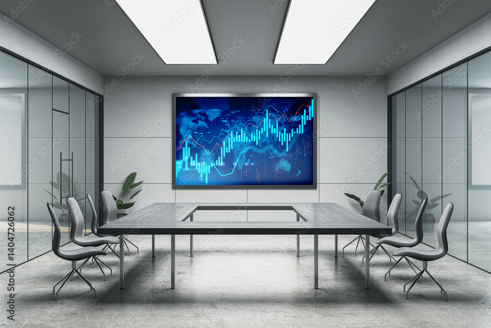 Poster modern conference room with digital stock market chart on large screen in clean corporate space with