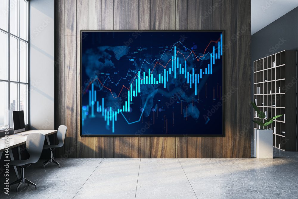 Poster modern office interior with digital financial chart screen displaying data analytics and stock marke